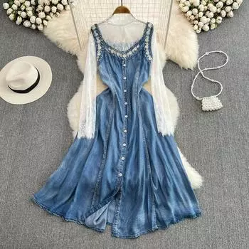 RUGOD модное джинсовое платье без рукавов с тонкой талией, большое свободное длинное платье с вышивкой, рубашка из двух частей с воротником-стойкой, кружевная нижняя рубашка