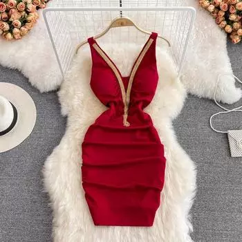 RUGOD модное облегающее сексуальное мини-короткое рабочее платье с v-образным вырезом и низким вырезом женское короткое платье-жилет с открытой спиной и рукавами нерегулярной формы OL красное M чёрный