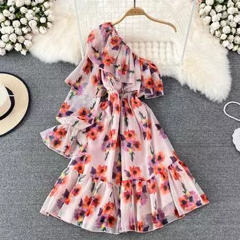 RUGOD модное одностороннее шифоновое платье с рюшами и наклонным воротником, с открытой талией и цветочным принтом, элегантное большое длинное платье с открытой талией