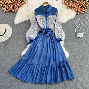 RUGOD модное осеннее новое женское цветное платье в западном стиле, уменьшающее темперамент талии и утягивающее длинное платье M синий