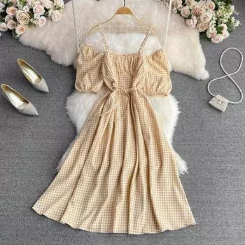 RUGOD Модное платье на подтяжках, летняя корейская версия, маленькое свежее платье с квадратным вырезом, пышными рукавами и талией, тонкое свободное платье трапециевидной формы