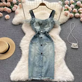 RUGOD модное платье на подтяжках в европейском и американском стиле, сексуальное сетчатое платье в горошек с оборками и строчкой, джинсовая сумка, хип-платье M синий