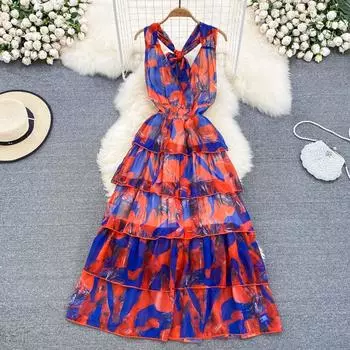 RUGOD модное шифоновое платье трапециевидной формы с v-образным вырезом и бретелькой на талии, тонкое шифоновое платье трапециевидной формы с принтом, морское праздничное большое распашное длинное платье