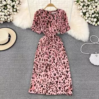 RUGOD модное темпераментное розовое леопардовое платье с объемными рукавами и круглым вырезом на шнуровке на талии, тонкое темпераментное платье с разрезом