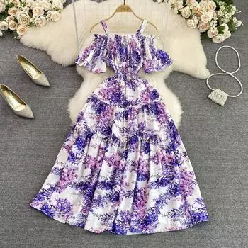 RUGOD Модное тонкое платье трапециевидной формы с открытыми плечами и рукавами-колокольчиками и высокой талией, большое свободное платье