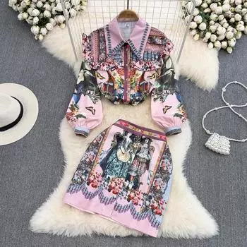 RUGOD Модные костюмы Высококачественные легкие роскошные рубашки с длинными рукавами с лацканами и принтом, состоящие из двух частей юбки с высокой талией