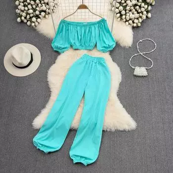 RUGOD Модные костюмы Женские топы с открытыми плечами на одно плечо Спортивные брюки из двух частей Леггинсы с высокой талией Свободные повседневные брюки-свитера