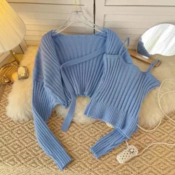 RUGOD модный костюм-двойка в западном стиле, женский ранний осенний вязаный кардиган с длинными рукавами, куртка, топы, маленькая кофточка