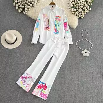 RUGOD Модный костюм с буквенным принтом, свободная рубашка с длинными рукавами и лацканами, состоящая из двух частей, узкие широкие брюки с высокой талией