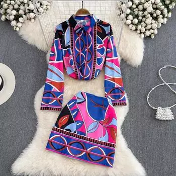 RUGOD Модный костюм женский европейский позиционирующий принт свободная рубашка с длинными рукавами из двух частей широкие шорты с высокой талией