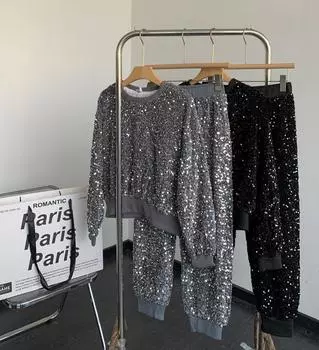 RUGOD модный костюм женский индивидуальный модный комплект с пайетками топ и брюки комплект из двух предметов с высокой талией и разрезом плиссированные широкие брюки One Size серый