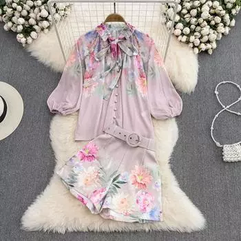 RUGOD модный костюм женский круглый вырез с галстуком-бабочкой свободный пуловер с рукавами-фонариками рубашка из двух частей с высокой талией широкие шорты