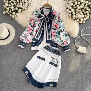 RUGOD модный костюм женский OL профессиональный темперамент свободная шифоновая рубашка с принтом и галстуком-бабочкой из двух частей юбка с высокой талией S белый