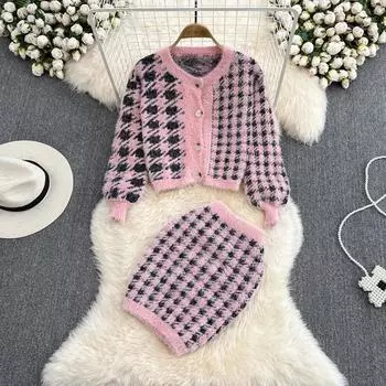 RUGOD модный костюм женский осенне-зимний свитер с круглым вырезом и длинными рукавами с узором «гусиные лапки», пальто с высокой талией, сумка на бедрах, юбка One Size синий