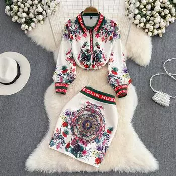 RUGOD модный костюм женский ПР позиционирование с принтом рубашка с длинными рукавами из двух частей сумка с высокой талией хип-юбка весна