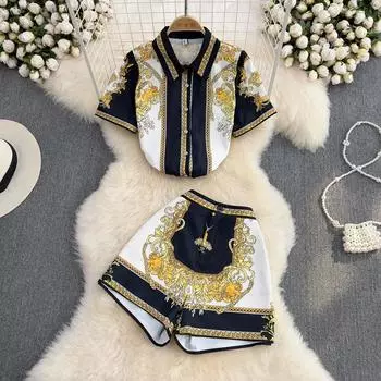 RUGOD Модный костюм женский ретро с принтом в стиле барокко Свободная рубашка с короткими рукавами из двух частей Широкие шорты с высокой талией 2022 Лето