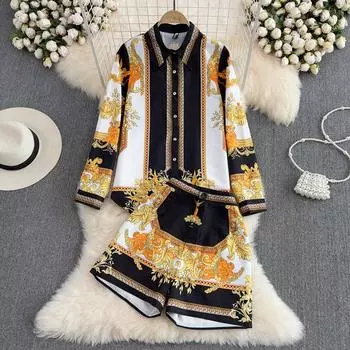 RUGOD Модный костюм женский ретро темперамент однобортный свободный топ с длинными рукавами из двух частей широкие шорты с высокой талией весна