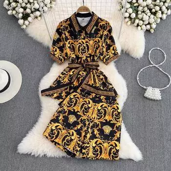 RUGOD Модный костюм женский ретро темперамент с принтом на лацкане на талии тонкая рубашка из двух частей широкие шорты с высокой талией