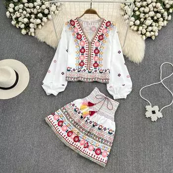 RUGOD модный костюм женский ретро темперамент с v-образным вырезом и вышивкой в западном стиле универсальная свободная рубашка юбка с высокой талией осень