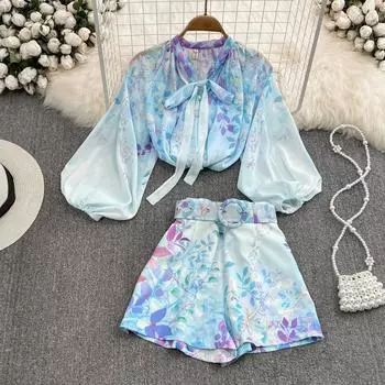 RUGOD модный костюм женский супер сказочный темперамент дизайн Sense галстук-бабочка шифоновая рубашка комплект из двух предметов с высокой талией и широкие шорты S синий