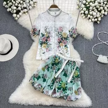 RUGOD модный костюм женский темперамент кружевная рубашка с вышивкой комплект из двух предметов тонкая пышная юбка с высокой талией летняя XL зелёный