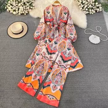 RUGOD модный костюм женский темперамент свободный v-образный вырез на талии с принтом слова из двух частей с высокой талией широкие брюки осень