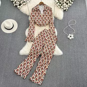 RUGOD модный костюм женский темпераментный принт свободная рубашка с рукавами-колокольчиками из двух частей с высокой талией тонкие прямые широкие брюки