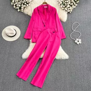 RUGOD Модный костюм женский темпераментный свободный костюм средней длины, куртка из двух предметов, брюки с высокой талией, тонкие узкие брюки