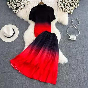 RUGOD модный костюм женский темпераментный вязаный свитер с воротником-стойкой Топ комплект из двух предметов с высокой талией градиентная плиссированная юбка трапециевидной формы S