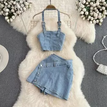 RUGOD модный костюм женский топ-труба с бретелькой на шее джинсовый топ из двух частей с высокой талией широкие шорты трапециевидной формы летние брюки