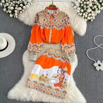 RUGOD Модный костюм женский в европейском и американском стиле Высококачественная рубашка с длинными рукавами с принтом Сумка с высокой талией Хип-юбка Ранняя осень