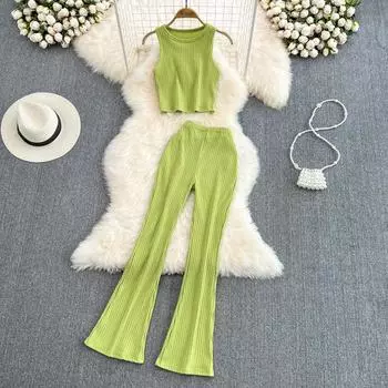 RUGOD модный костюм женский жилет без рукавов с круглым вырезом Холтер тонкий короткий топ из двух частей с высокой талией узкие расклешенные брюки летние