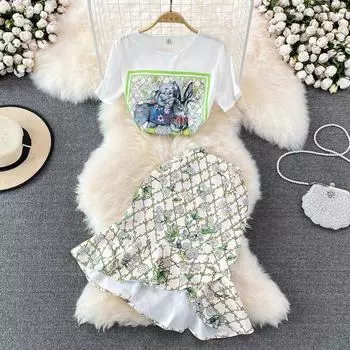 RUGOD модный повседневный костюм, женская футболка с круглым вырезом и принтом, с короткими рукавами, высокой талией, цветочным принтом «рыбий хвост», летняя юбка