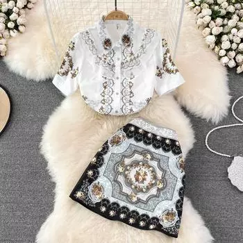 RUGOD модный женский костюм, легкий знакомый ветер, лист лотоса, край отворота, рубашка с принтом, комплект из двух предметов, юбка с высокой талией и запахом на бедре