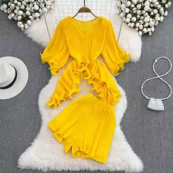 RUGOD модный женский костюм, милая шифоновая рубашка с круглым вырезом и талией, плиссированная шифоновая рубашка из двух частей, летние широкие шорты с высокой талией