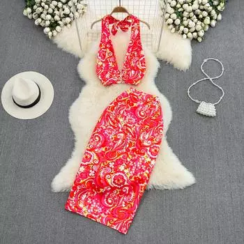 RUGOD модный женский костюм с бретелькой на шее и открытой спиной, тонкий короткий топ с принтом, сумка из двух частей с высокой талией, летняя юбка на бедрах