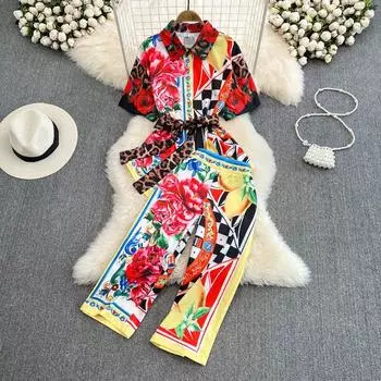 RUGOD модный женский костюм, свободная однобортная рубашка с рукавами «летучая мышь» и принтом, тонкие широкие брюки с высокой талией, семь точек