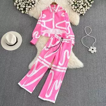 RUGOD модный женский костюм в Европе и Америке, темперамент, короткая рубашка с высокой талией и принтом, прямые широкие брюки с высокой талией One Size розовый