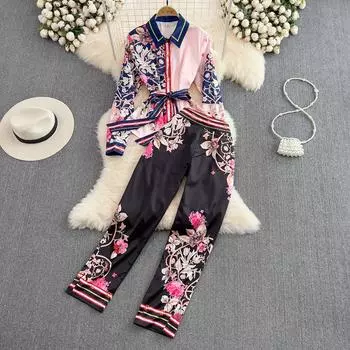 RUGOD модный женский костюм в европейском стиле, рубашка с принтом, комплект из двух предметов, тонкие брюки с высокой талией, весна