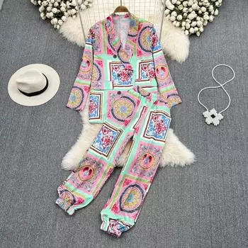 RUGOD модный женский костюм в стиле ретро с темпераментным принтом, свободный костюм средней длины, рубашка с воротником, комплект из двух предметов, корсет с эластичной резинкой на талии, брюки