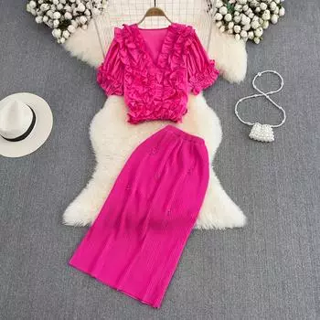 RUGOD модный женский костюм во французском стиле для тяжелой промышленности, сверло для ногтей, лепестки, v-образный вырез, шикарная рубашка, летняя плиссированная юбка из двух предметов с высокой талией