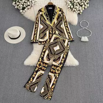 RUGOD модный женский костюм высокого класса, куртка средней длины, повседневные брюки из двух предметов с высокой талией и узкими ногами