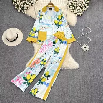 RUGOD модный женский осенний костюм средней длины с принтом, свободный пиджак с длинными рукавами, прямые широкие брюки с высокой талией