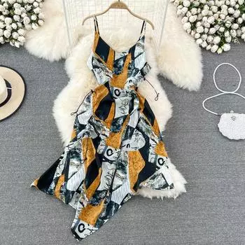 RUGOD Морское праздничное пляжное платье Модное платье на подтяжках с высокой талией Тонкое платье без рукавов с открытой спиной и нерегулярным принтом в форме буквы А-слово