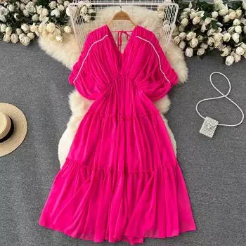 RUGOD Морское праздничное пляжное платье с v-образным вырезом, шифоновое платье, новое летнее тонкое большое свободное платье с высокой талией