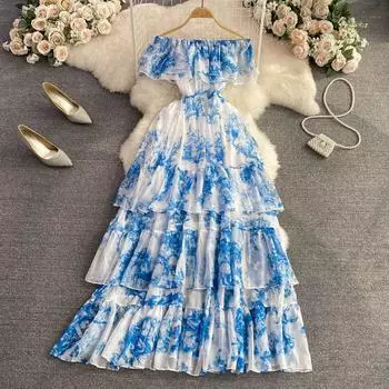 RUGOD Морской отдых с открытыми плечами и принтом на талии, платье трапециевидной формы с рюшами, элегантное темпераментное длинное платье