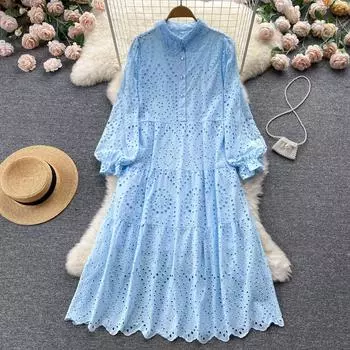 RUGOD Небольшое свежее высококачественное платье с длинными рукавами и полыми лацканами в нежном французском стиле. Свободное и тонкое платье трапециевидной формы. M