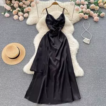 RUGOD Необычное пляжное платье, женское длинное платье для отдыха на берегу моря, сексуальное платье с открытой спиной, новое летнее атласное платье на подтяжках