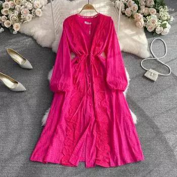 RUGOD нежное французское однобортное платье с v-образным вырезом на крючках и цветочным узором, элегантное пляжное свободное платье с завязкой на талии One Size синий