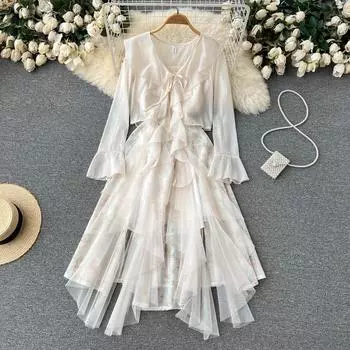 RUGOD Нежное французское платье из ветровой сетки с бисером, высококачественное платье на подтяжках с цветочным принтом, тонкая рубашка и костюм-двойка супер феи